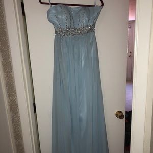 light blue sequined strapless prom dress